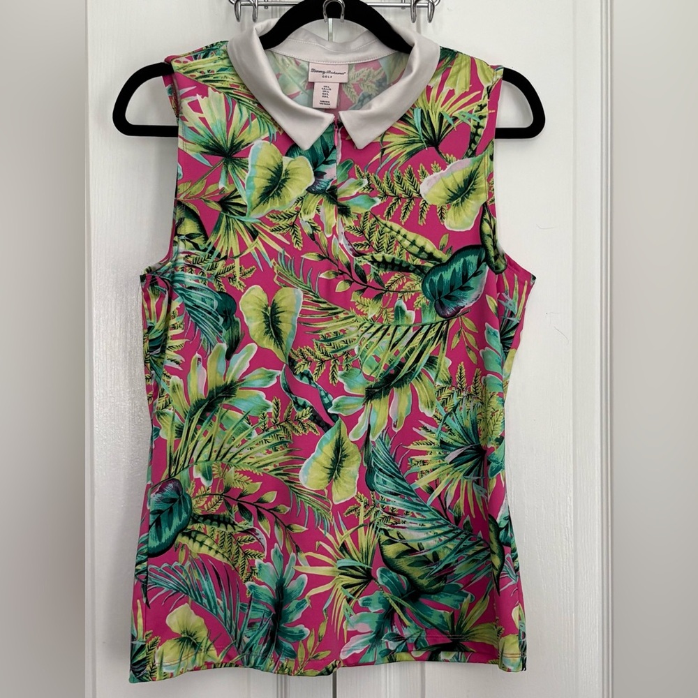Tommy Bahama Pink and Green Leaf Print Golf Shirt, size large